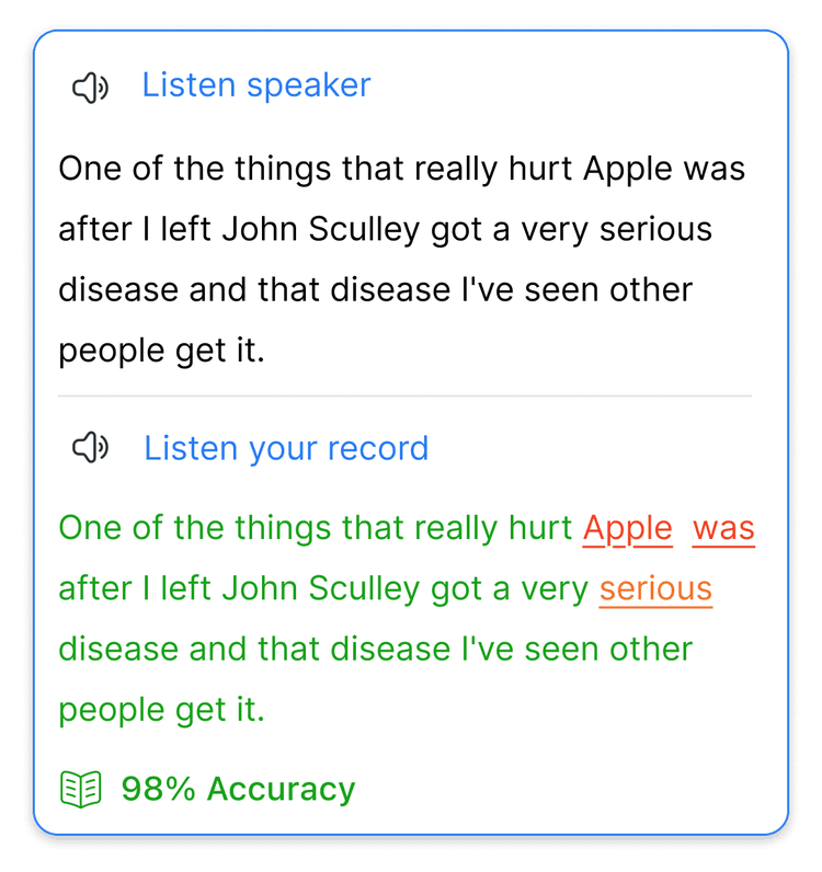 Speak Pro app comparing your recording to the native speaker word by word with a 98% pronunciation accuracy score
