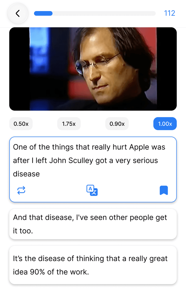 Speak Pro app screen showing sentence-by-sentence playback for shadowing, an example of the benefits of shadowing language learning for listening comprehension