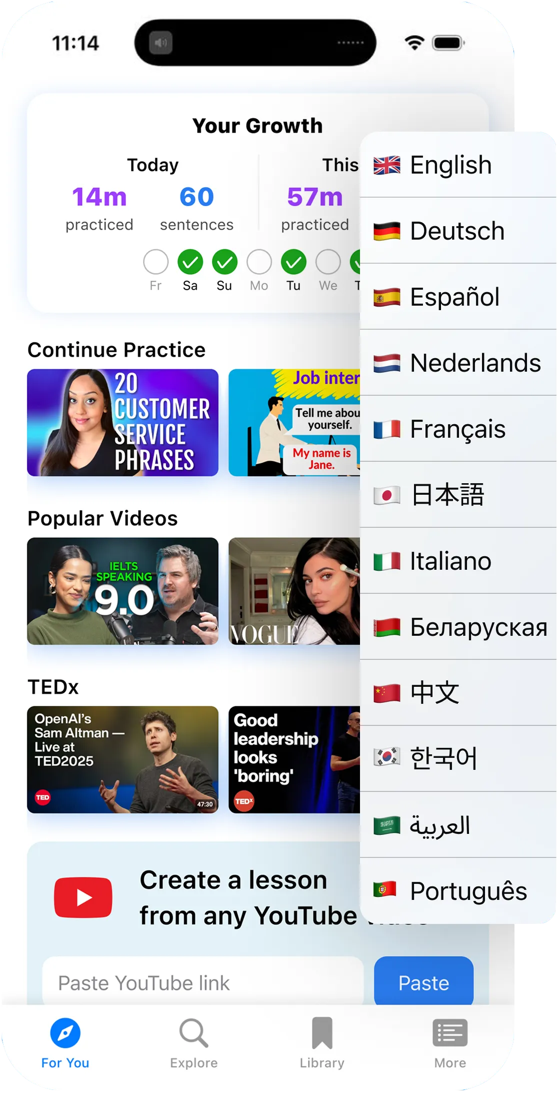 Speak Pro app interface showing shadowing lesson with real YouTube content