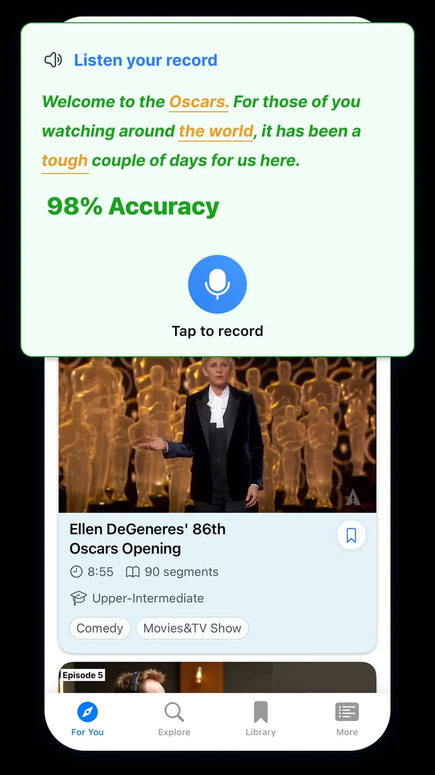 Speak Pro app showing AI feedback and pronunciation analysis