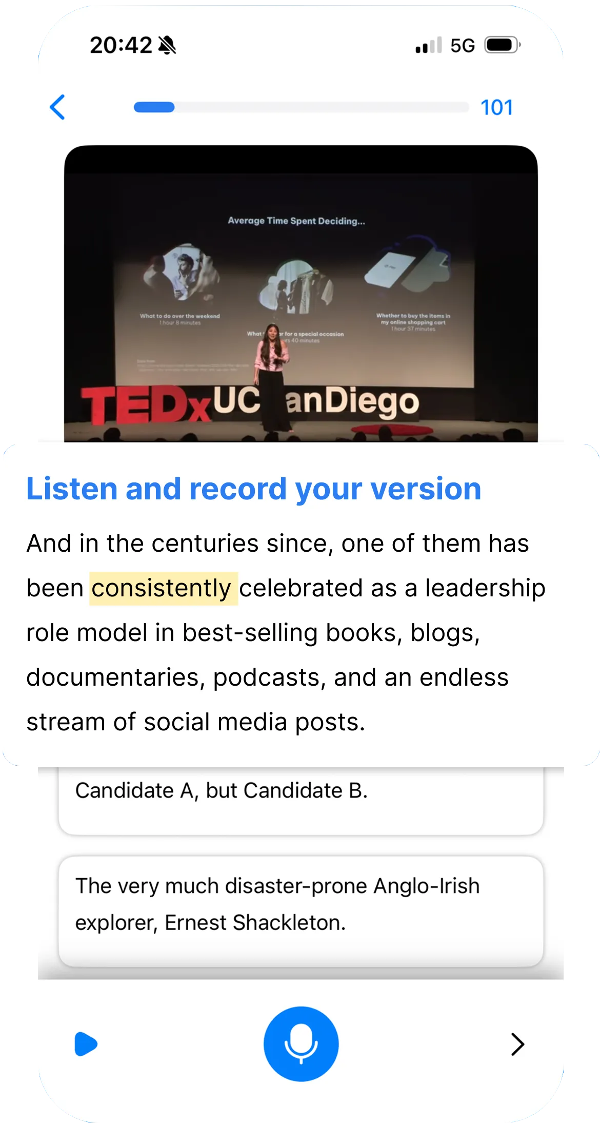 Speak Pro app displaying language learning progress and statistics